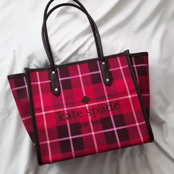 NEW Kate Spade Bright Rose Ella Plaid Tote WKR00604 $299 Red - Picture 6 of 10